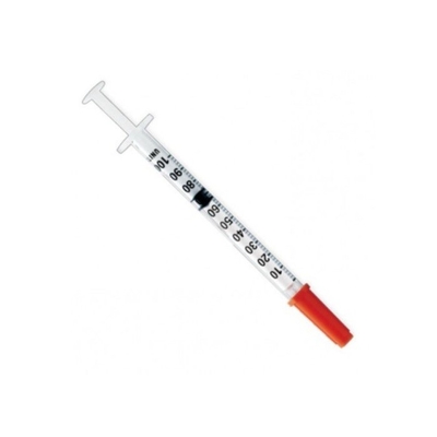 Μίας χρήσης ιατρική αποστειρωμένη χρωματισμένη σύριγγα ινσουλίνης με την πορτοκαλιά ΚΑΠ και τη βελόνα